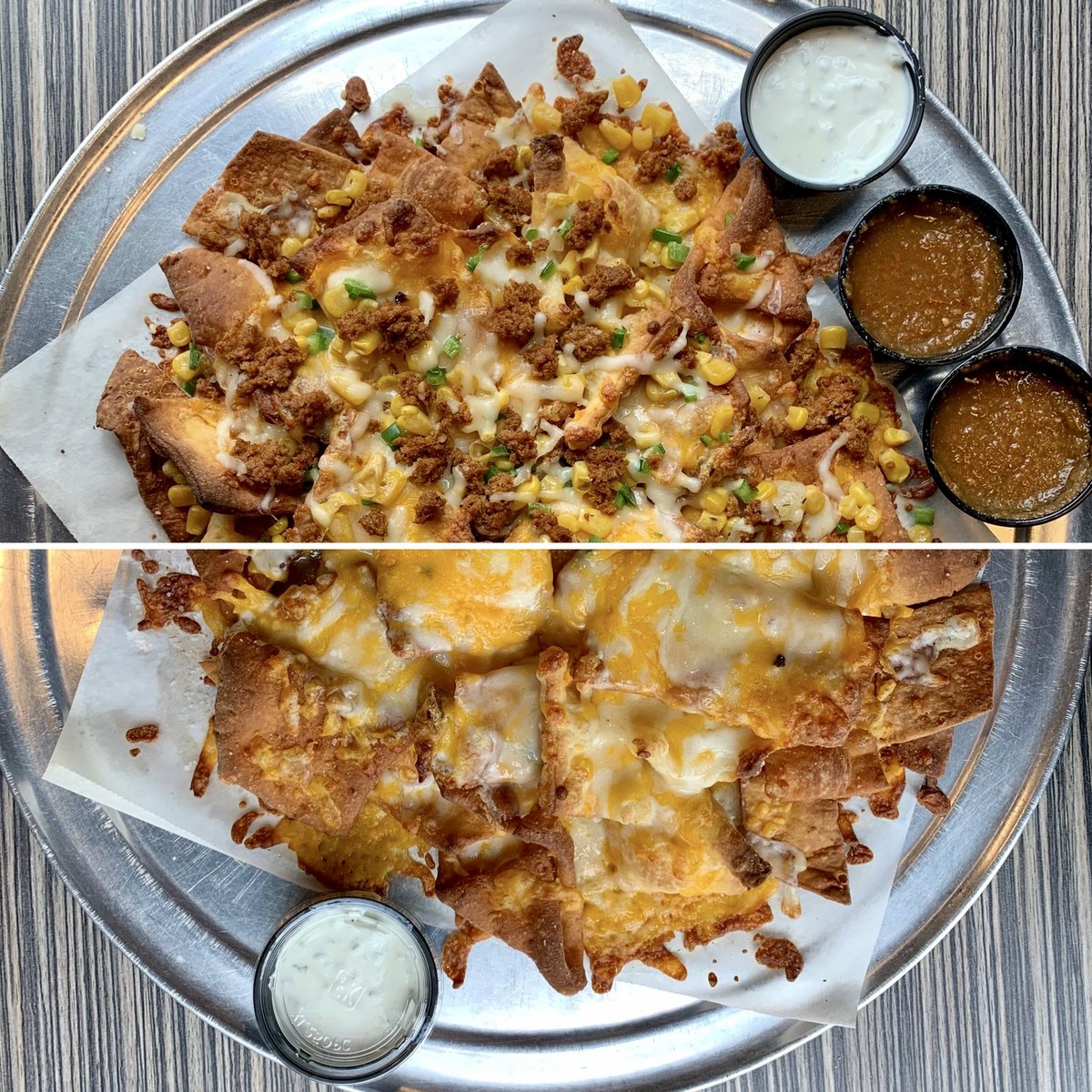 piepushers's tweet photo. pizza dough nachos - what?! optional add-one: local @ficklecreek chorizo, corn, & jalapeño. #welovechips #pizzadoughchips #ItalianNachos #meltycheese #greatfordipping #homemaderoastedsalsa #cilantrocrema https://t.co/s6NAVtbgX6
