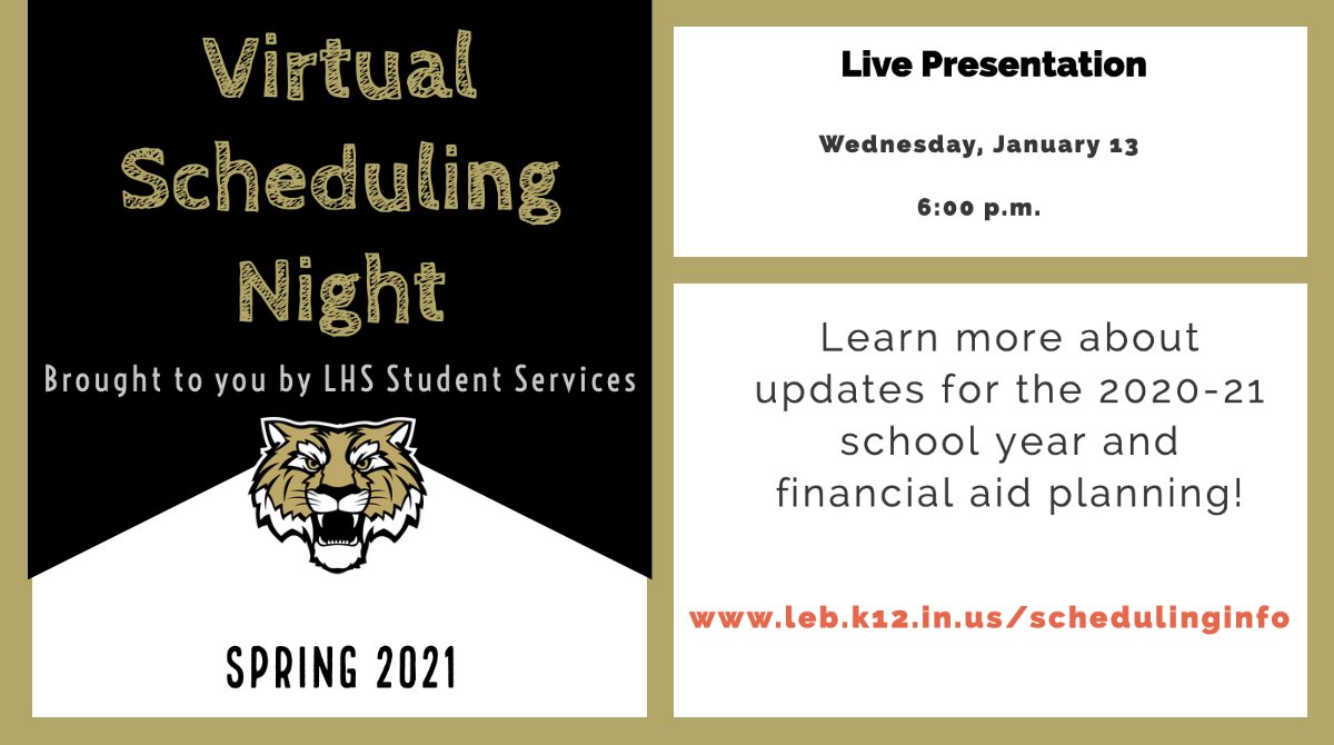 LHS_SSD's tweet photo. Join us virtually tomorrow evening at 6pm for scheduling season updates! Then stick around for helpful financial aid information from our friends at INvestEd! @INvestEdIndiana #thisisLCSC #sparkfutures https://t.co/ICPl4mwNOw