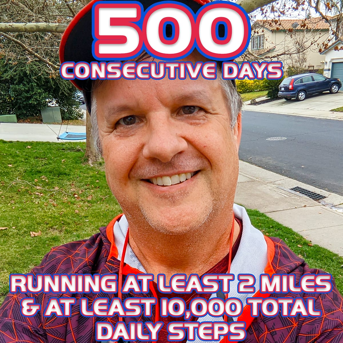 Well, I did it. I just made it to "Day 500"! I've run at least 2 miles and achieved 10,000 total steps each day for 500 consecutive days.