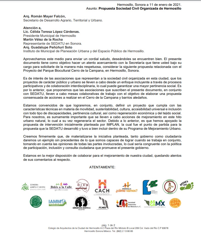 Carta de las asociaciones que representan la Sociedad Civil Organizada de la Ciudad de Hermosillo al Secretario de la SEDATU, <a href="/MeyerFalcon/">Román Meyer Falcón</a> sobre la propuesta del Proyecto del Parque Bio-Cultural Cerro de la Campana.
