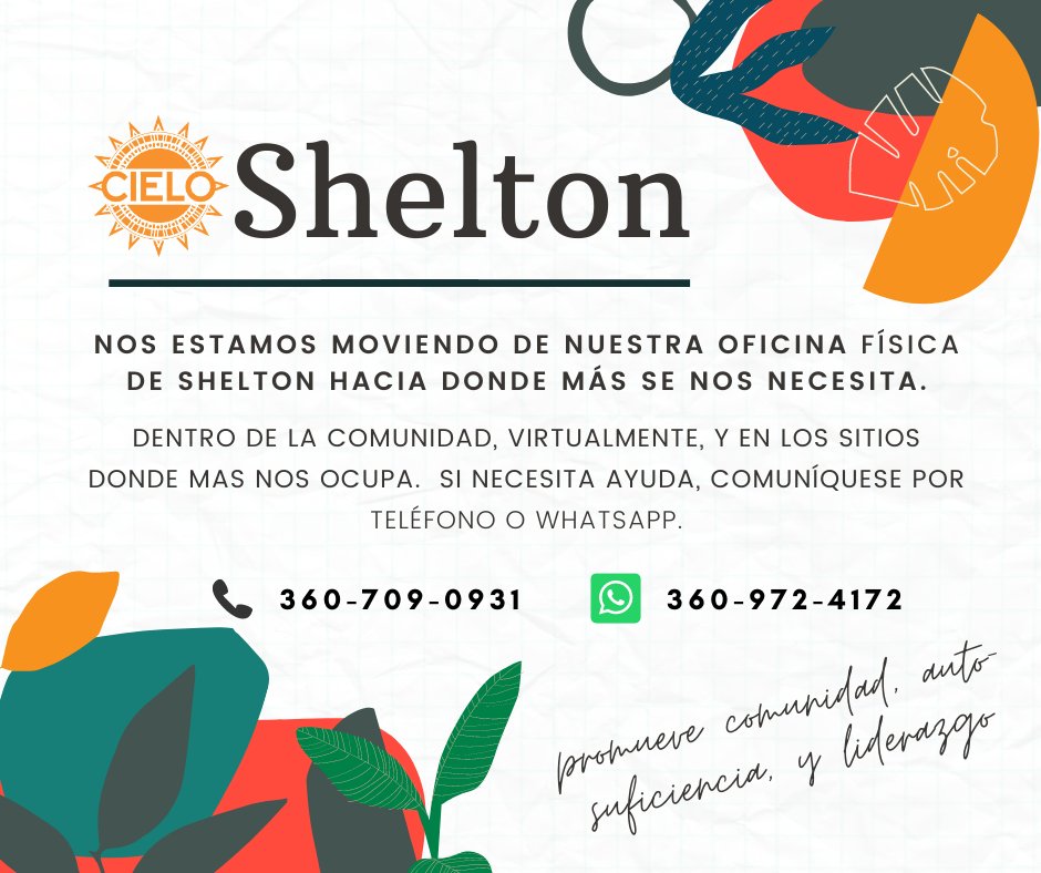 NOTICIAS de CIELO! Queremos dar el mejor servcio a nuestra comunidad Latina y por eso  hace unas semanas comenzamos la busqueda de nuestra nueva cede en Shelton. Durante esta pandemia estamos MUY cerca de ti. Contactactanos 😀✉️☎️