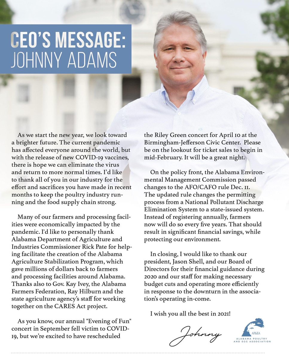 AlabamaPoultry's tweet photo. "As we start the new year, we look toward a brighter future." APEA CEO Johnny Adams provides a poultry industry and APEA update. #ManyFlocksOneGoal #ALPoultry https://t.co/tRv9fF6YJl