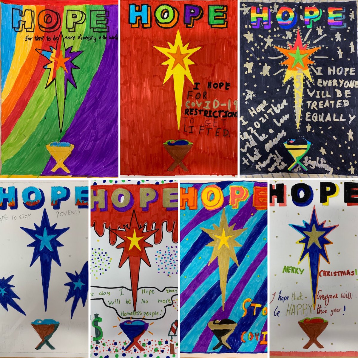pinewoodprepsch's tweet photo. Year 6 worked on these posters at the end of the Autumn Term, but now felt like a very apt time to share them. #Hope #ArtInSchool #PinewoodPrep https://t.co/T5rWO12BhG