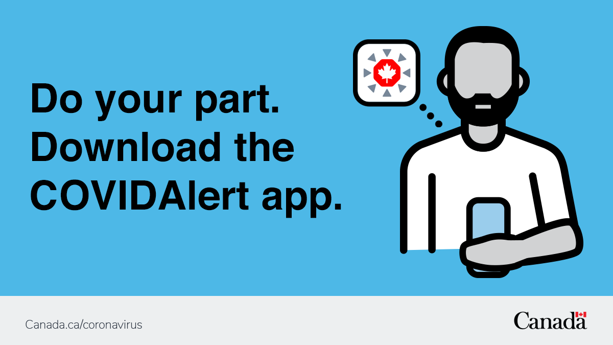 Vector image of a man using a smartphone with the words: Do your part. Download the COVID Alert app.