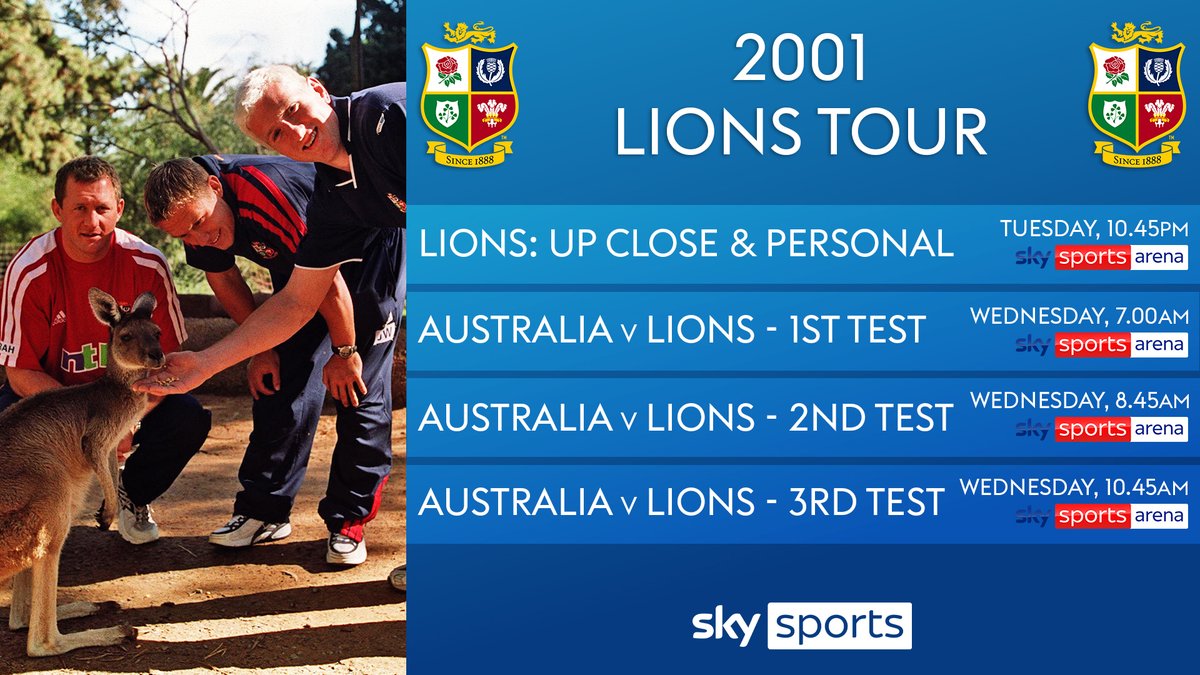 Get your 2001 Lions Tour fix on <a href="/SkySports/">Sky Sports</a> Arena 📺

The Up Close &amp; Personal documentary tonight followed by all three Tests tomorrow morning 🦁

What more could you want? 🤩

#LionsRugby