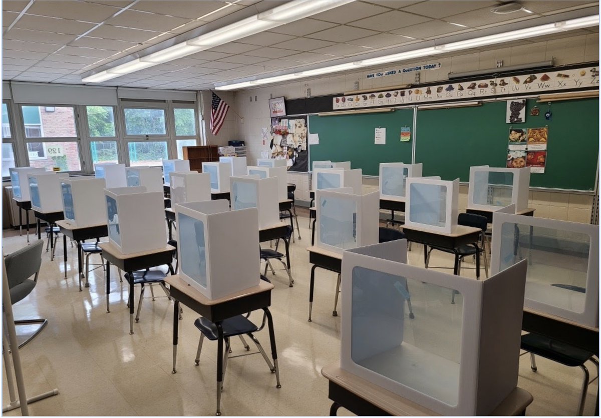 Every student is forced to spend the entire day penned inside these barriers with opaque sides, and carry them from class to class. I've corresponded with several ID experts: there is ZERO evidence these barriers make sense(re the image: <1/2 desks are actually occupied)/3