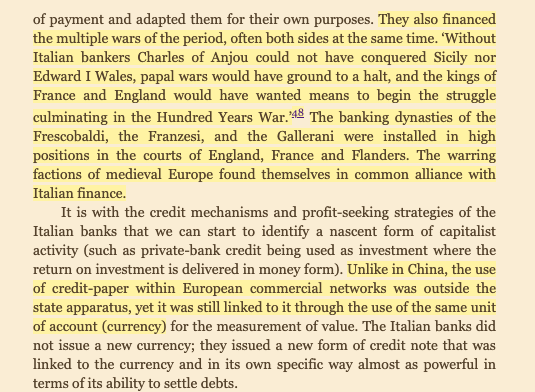 Explaining how banks create credit and thus new money in the same denomination of state currency readily acceptable. This doesn't have to be the default but was a quirk of medieval Europe.Led to things like bankers funding wars.