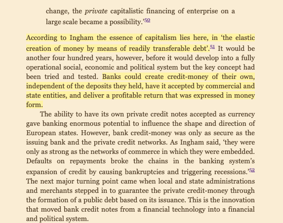 Explaining how banks create credit and thus new money in the same denomination of state currency readily acceptable. This doesn't have to be the default but was a quirk of medieval Europe.Led to things like bankers funding wars.