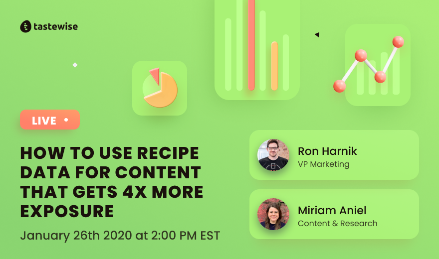 Join the Tastewise team live for our first webinar of 2021! 

Ron and Miriam be jumping headfirst into how recipe data can supercharge your content marketing strategy. Save your spot at the link!

hubs.ly/H0DCRGl0