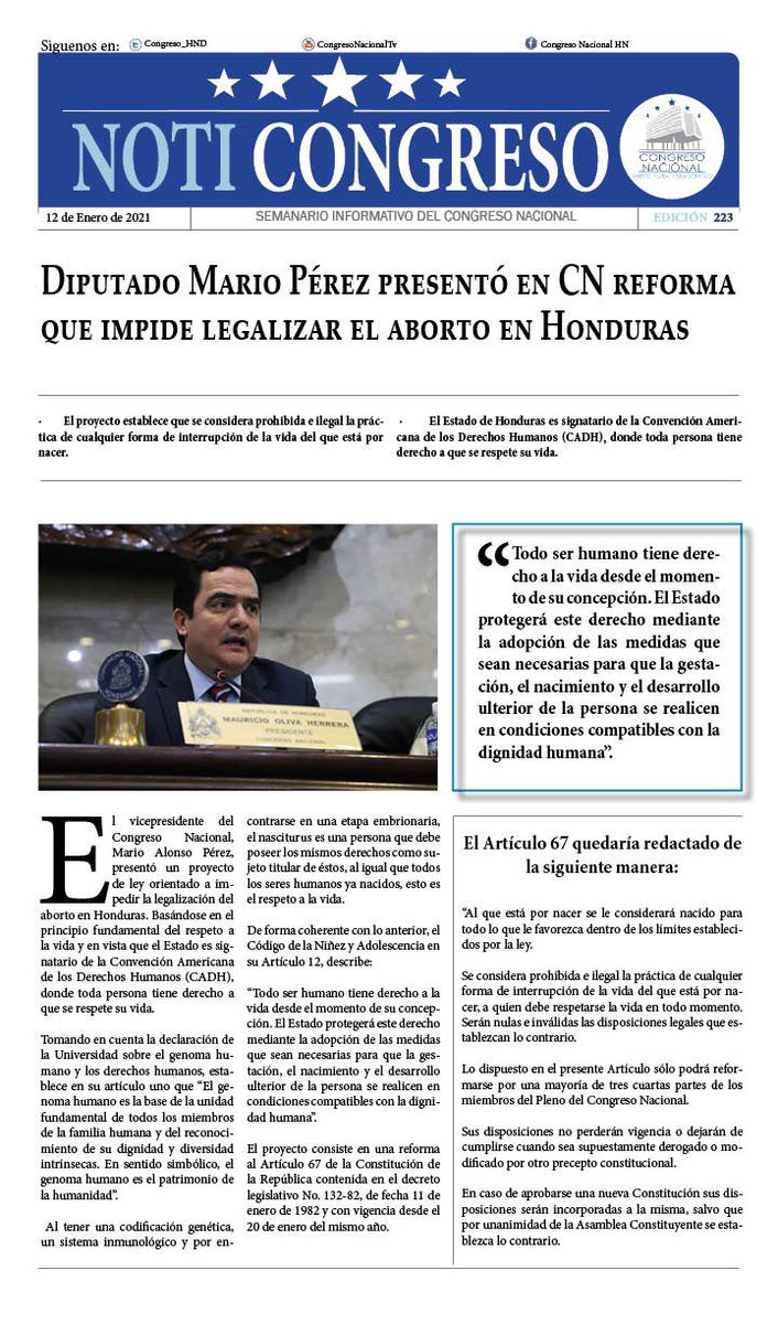 #NotiCongreso | Diputado <a href="/mario_perezSB/">Mario Perez</a> , presentó en #CN reforma que impide legalizar el aborto en Honduras.