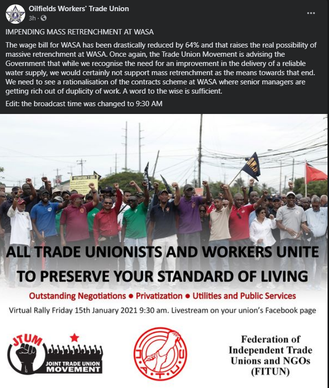 Solidarity with our comrades in the trade unions <a href="/OWTU1937/">Oilfields Workers Trade Union</a> 

Workers together ✊

Virtual Rally 930am Friday 15th January 21st on the respective facebook pages. 

Tune in!