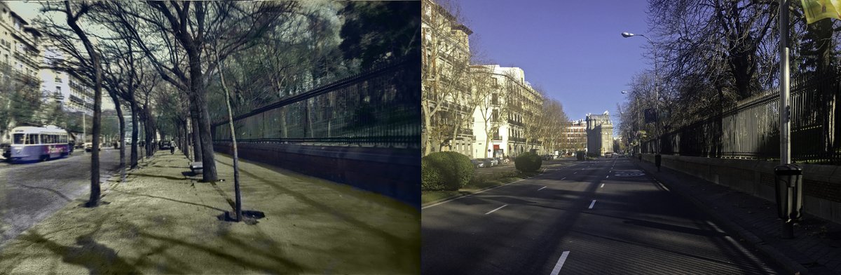 Madrid: Cómo era en los años 50. Cómo luce hoy... ¿Quién quiere un paseo ancho con dos filas de flamantes árboles y buena sombra, si puede tomar el sol en fila india (solo cabe una persona cada vez) alrededor del Retiro.