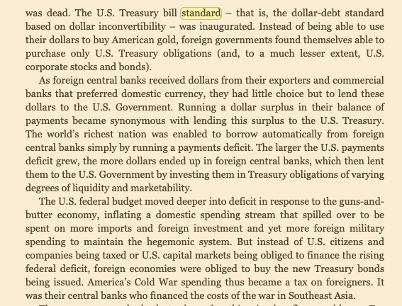 As a side note on the last post, more elaboration can be found from Michael Hudson's "Super Imperialism"