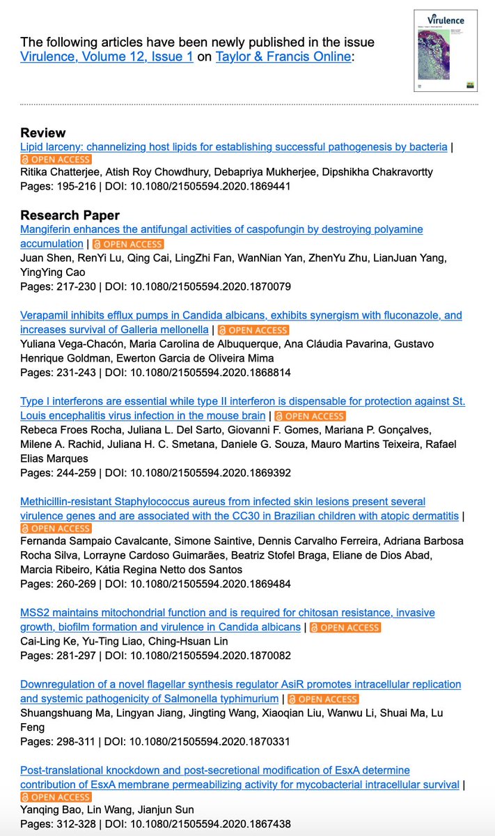 Virulence12's tweet photo. Great First Batch of Papers for 2021 - sign up to our content alerts to keep up to date on the latest papers in microbial pathogenesis https://t.co/UNtIltQn9G