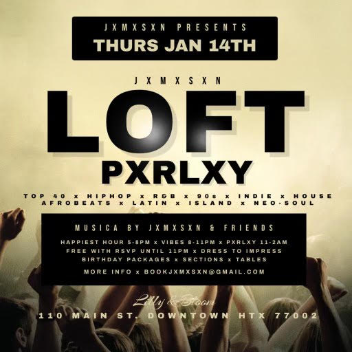 Don't miss out on our first official soiree with JXMXSXN this Thursday, Jan 14th! Happy hr from 5-8pm to begin a night of great vibes and memories 😎