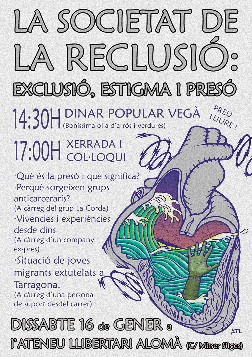 Compartimos este cartel del grupo anticarcelario La Corda (lacorda.noblogs.org). Se trata de una jornada para el próximo sábado en Tarragona "La sociedad del encierro: exclusión, estigma y cárcel".