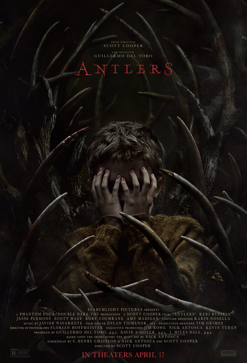 Antlers A middle-school teacher and her sheriff brother become embroiled with her enigmatic student, whose dark secrets lead to terrifying encounters with a legendary ancestral creature who came before them.- Produced by Guillermo del Toro- Keri Russell & Jesse Plemons