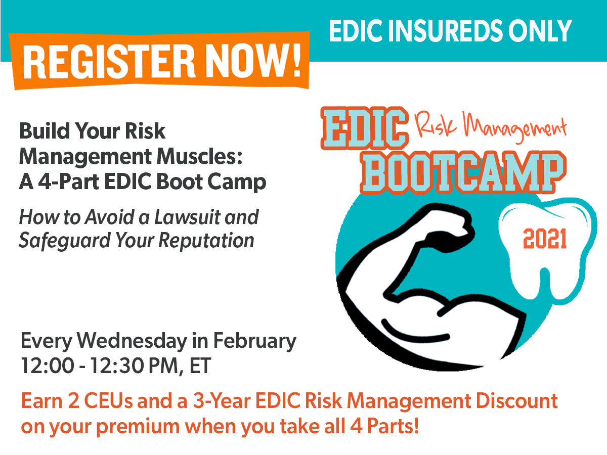 EDICInsurance's tweet image. Do you want to safeguard your reputation and not risk having a lawsuit against you? Protect yourself, your staff, and your patients. Register now for our NEW February Risk Management Bootcamp Series! edic.com/resources-educ…