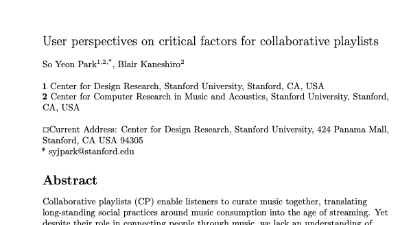 BlairKaneshiro's tweet image. What aspects of collaborative playlists are most important to people who use them? 🎶🎧

We address this question in our new preprint - research led by So Yeon Park (@syj_park) as part of the @MERI_Stanford group. #CollaborativePlaylist arxiv.org/abs/2101.03648