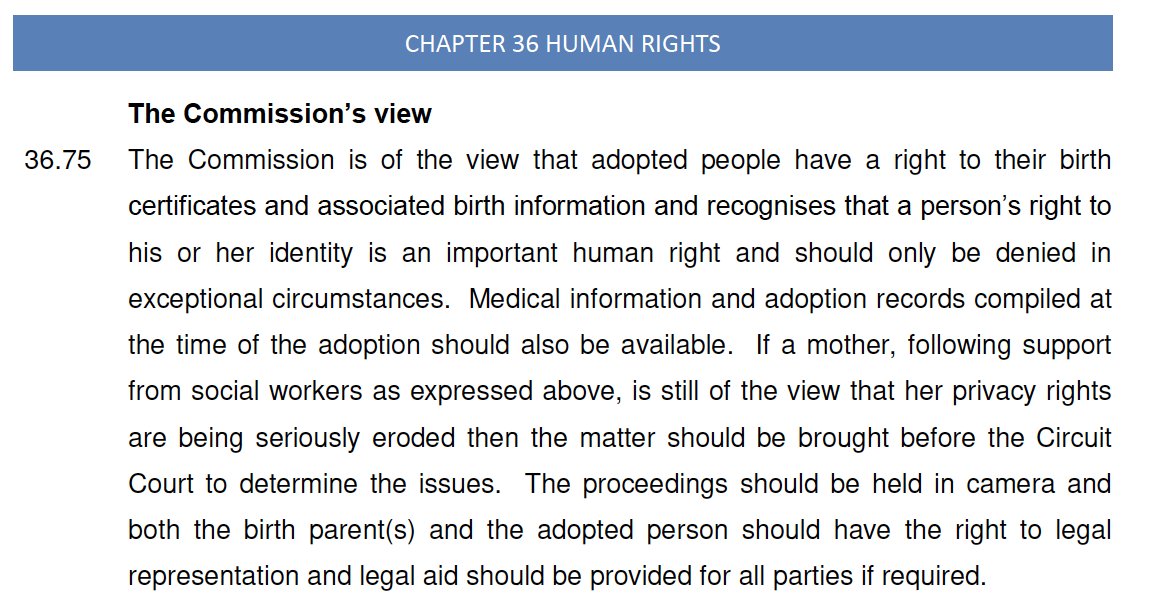 3/ The recommendation on access to birth certificates is simply appalling. A similar model was robustly rejected by adopted people in 2019. (For more on adoption information access see:  http://adoption.ie/wp-content/uploads/2021/01/Claire-McGettrick_Adoption-Briefing-Note-Appendices.zip)