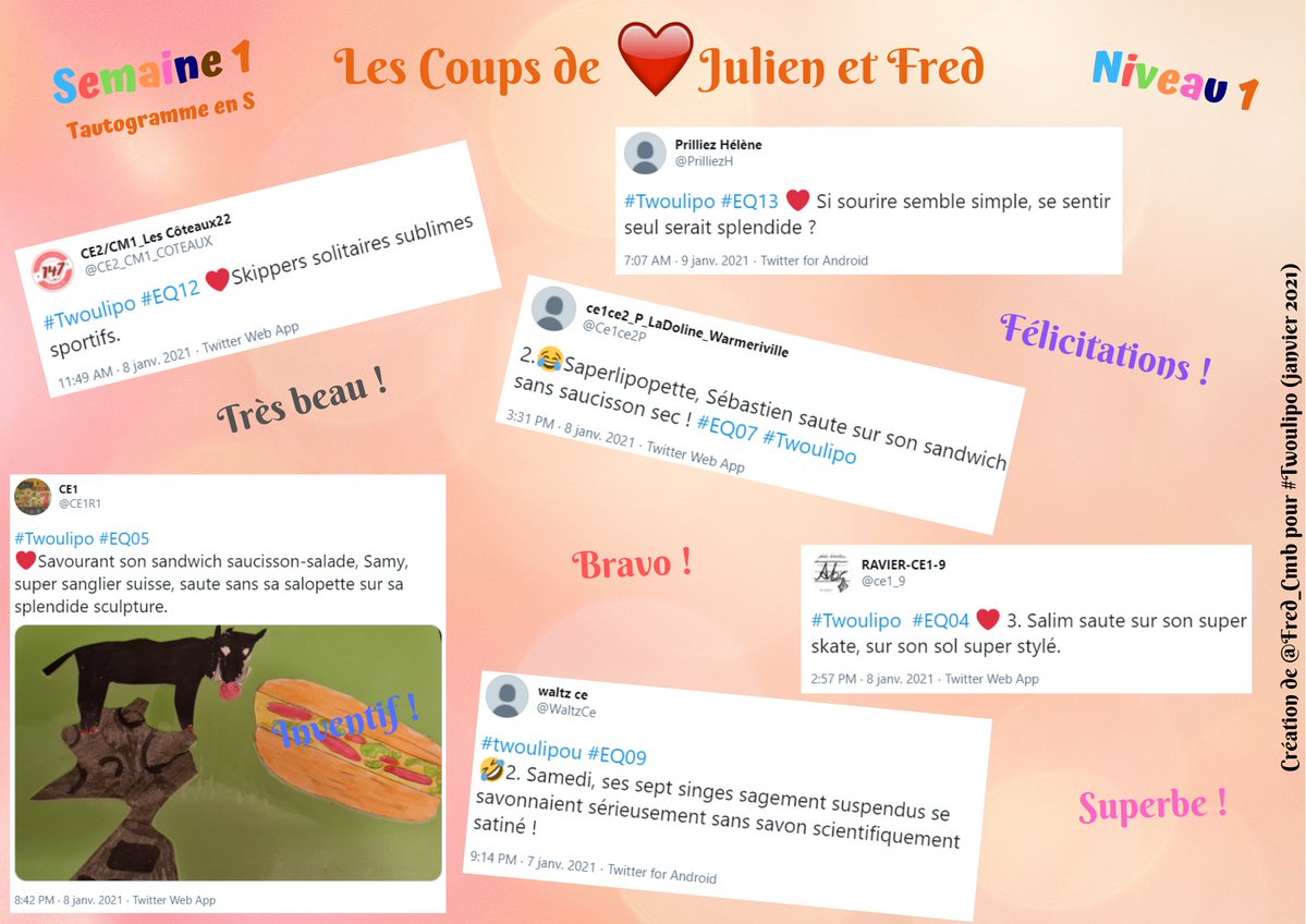tw_oulipo's tweet photo. Après une première semaine riche en tautogrammes en S, voilà les Coups de ❤️ de @julien_cremoux et @fred_cm1b ! #Twoulipo

Félicitations aux : 
@CE2_CM1_COTEAUX 
@PrilliezH 
@CE1R1 
@Ce1ce2P 
@ce1_9 
@WaltzCe https://t.co/gAl0HTYGHB