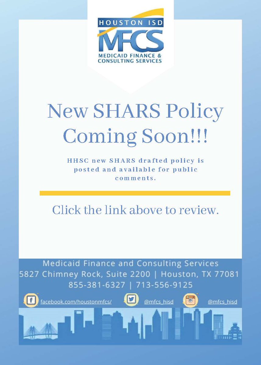 mfcs_hisd's tweet image. NEW SHARS DRAFTED POLICY AVAILABLE FOR REVIEW.  CLICK  hhs.texas.gov/.../medicaid-m…  FOR MORE INFORMATION. #SHARS #Medicaid #HoustonISD #POLICY #HHSC #TEA #SCHOOLBASEDMEDICAID