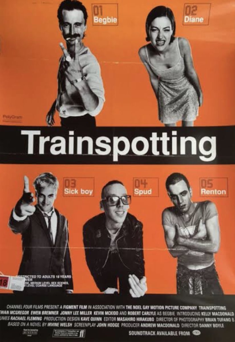 Trainspotting(1996)
Iggy Popの軽快でヤケ糞にパワフルな音楽。 電車でちょっと行けば大自然広がるローカルな街で、なんとか浮き上がろうとしながらも麻薬に付き纏われる、軽い、調子のいい青年たちと、ドラッギーな映像が印象的 