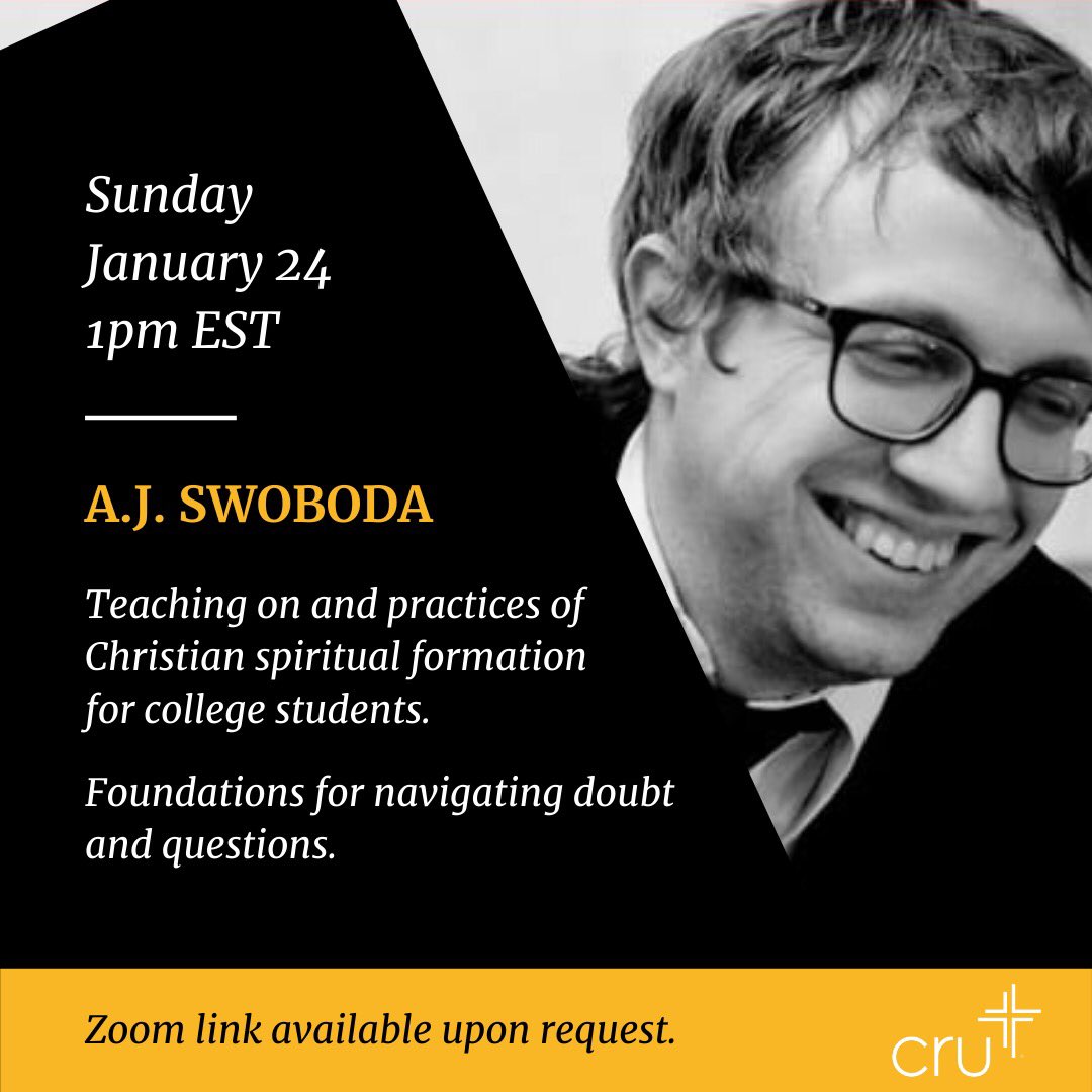CruCleveland's tweet photo. We're excited to bring you A.J. Swoboda @mrajswoboda online, next Sunday, January 24. 

We will be reaching out through our other channels with a zoom link, but let us known if you need it. 

Find A.J.'s bio and books online. https://t.co/gpHlehSp0G