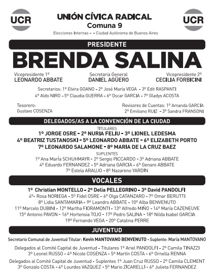 ucrcomuna9's tweet photo. Correligionarios y amigos, presentamos  con mucha alegría a quien acompaña en la lista a Brenda Salina nuestra candidata a Presidente Comunal en las próximas elecciones internas, y compartimos nuevamente la lista con quienes se presentan a cada cargo partidario. https://t.co/4DZLKnE4Ld