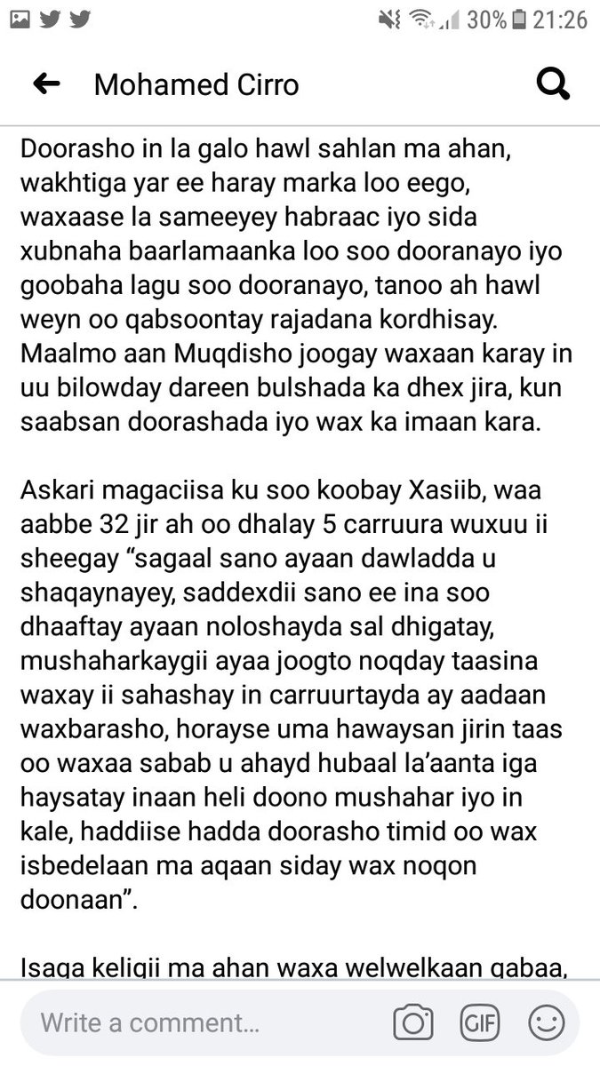 Waa inuu is casilo ileen waxaa muuqata inuu u janjeero dhinaca soo magacowday ee ah  @M_Farmaajo oo doonayaa inay u soo xulaan Xildhibaano & senator's u codeeya sidii xukunkii milateriga ee keligiis Taliska ahaa uu ku shubto, yiraahdo 99% waa la i doortay. Taas lama aqbalayo