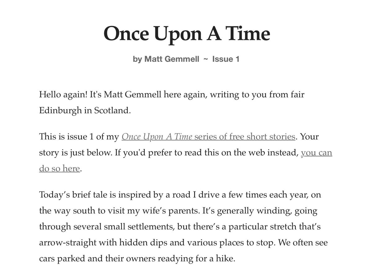 mattgemmell's tweet photo. For the weekly email, I played with the CSS a bit (which is excellent procrastination from writing, let me tell you). The foreword and afterword are regular web-style paragraphs: non-indented, spaced. But the story is book-like: indented paras, and even an initial drop cap. 👌 https://t.co/9R5Z2yadRd