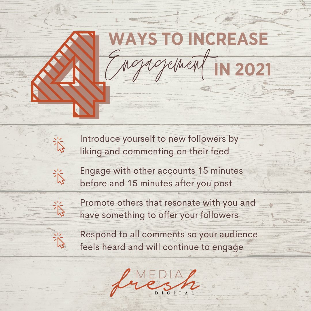 Mediafresh_'s tweet photo. 4 Ways to ⬆️ engagement in 2021. 
#socialmedia #socialmediamarketing https://t.co/PkHeVhMMh8