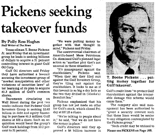 His biggest battle was Gulf Oil, 20x Mesa's size.Despite its size, the conditions were right: management had lost its credibility on the street by withdrawing from a prior deal. And Pickens now had a track record and could line up equity partners and financing from Milken