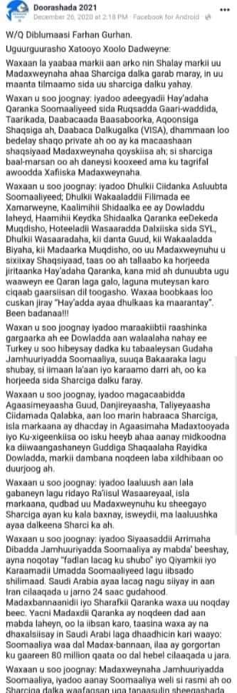 La yaab ma leh inuu ku dhiiri geliyo  @M_Farmaajo wiilasha ku reerka ah inay u gefaan Madaxweynihii Xilka ku wareejiyey si Dimiqraadi ah. Guddiga lagu muransan yahay waa Cayayaanka Baraha Bulshada, waa qasab inay is casilaan sida deg deg ah, cidna Doorasho ma u qaban karaane. 