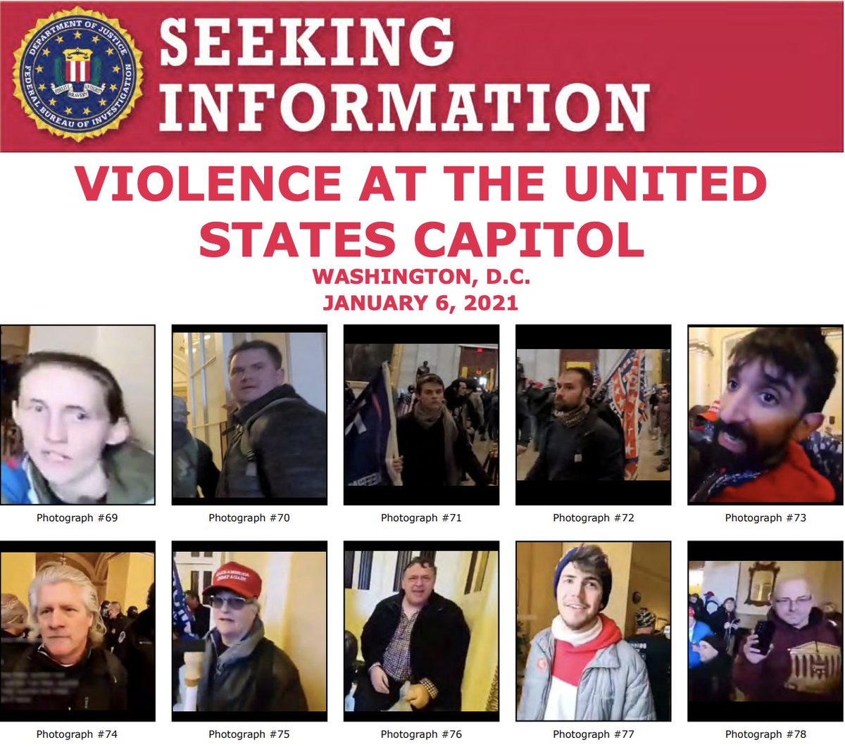 FBI's tweet image. The #FBI is asking for the public's help in identifying individuals who unlawfully entered the U.S. Capitol on January 6. Visit ow.ly/iZ2U50D705S to see a new poster with more people, and if you see someone familiar, submit a tip at fbi.gov/USCapitol.