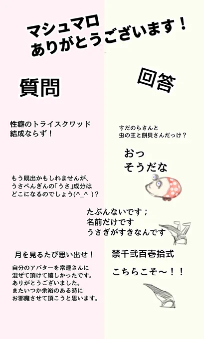 先日のマシュマロまとめました!
色々なマシュマロありがとうございました!とても楽しかったです!
またある程度溜まったらやりたいと思います!
募集中です!
https://t.co/N85kc76g0q 