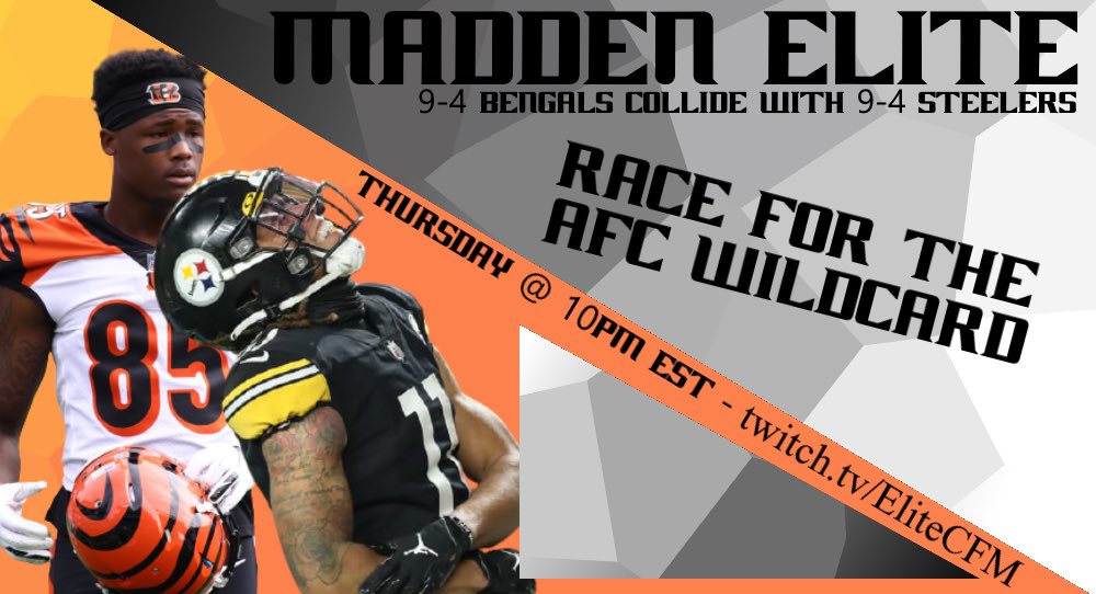 EliteCFM's tweet photo. HUGE stream Thurs Night @ 10p E for Madden Elite, a #Ps5 #Madden21 CFM. 9-4 Cin vs 9-4 Pit in a battle apart of the race for the AFC WC!

➡️ Join us @ https://t.co/P6Yepx3FX8

#FranchiseNation @DaddyLeagues @leaguecrawler @TGZ_Media https://t.co/LjiOBmggha