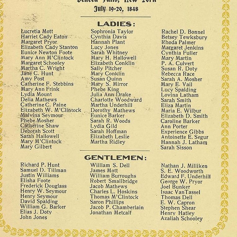 It was a man, James Mott, Lucretia Mott’s Quaker husband, who chaired the second day of the Seneca Falls Convention. Frederick Douglass, the only Black man present there, famously defended the resolution on woman suffrage. The Declaration of Sentiments was signed by 32 men.
