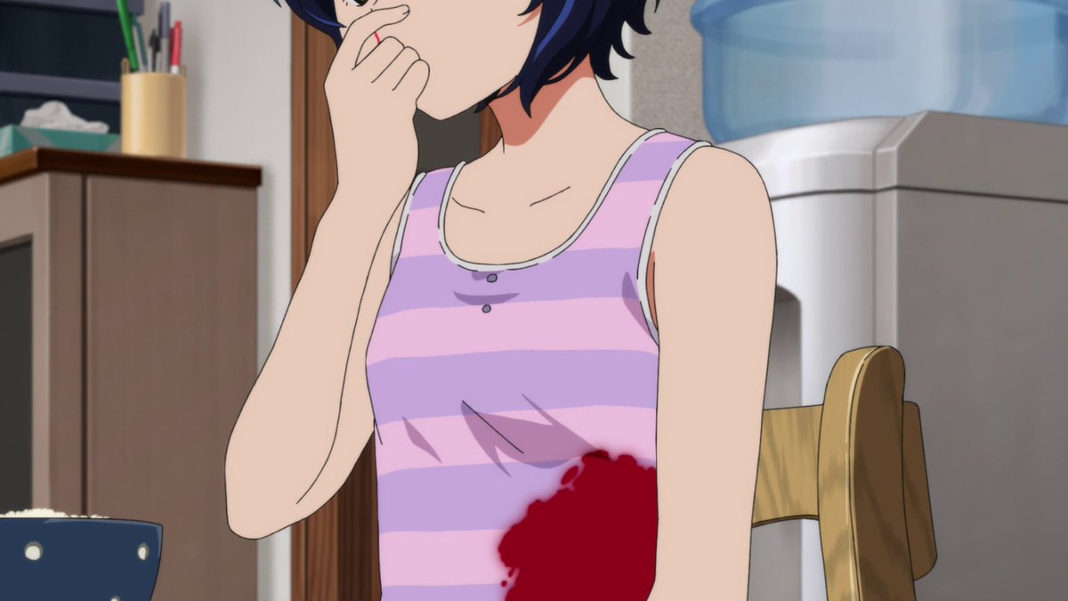 The damage carries over into the real world which is interesting. What's also intriguing is using imagery of a fried egg with blood dripping down on it. I don't know what to make of it, it might be showing how cracking out of one's shell can be dangerous or leave one vulnerable.