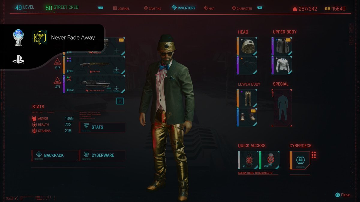 Cyberpunk 2077
Never Fade Away (PLATINUM)
#PlayStationTrophy #PS5Share, #Cyberpunk2077