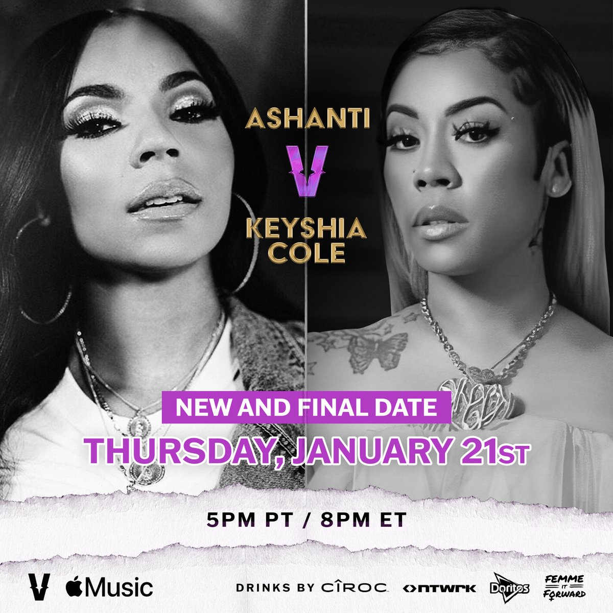 verzuzonline's tweet image. Kicking off the first #VERZUZ of the year with Ashanti and Keyshia Cole 🙌🏽 Thank you everyone for being patient with us. We can&apos;t wait for this magical night ✨

Thursday, 1/21 5PM PT / 8PM ET.
Watch on our IG or in HD on @AppleMusic.

Drinks by @Ciroc
Merch by @NTWRKLIVE
#VERZUZ