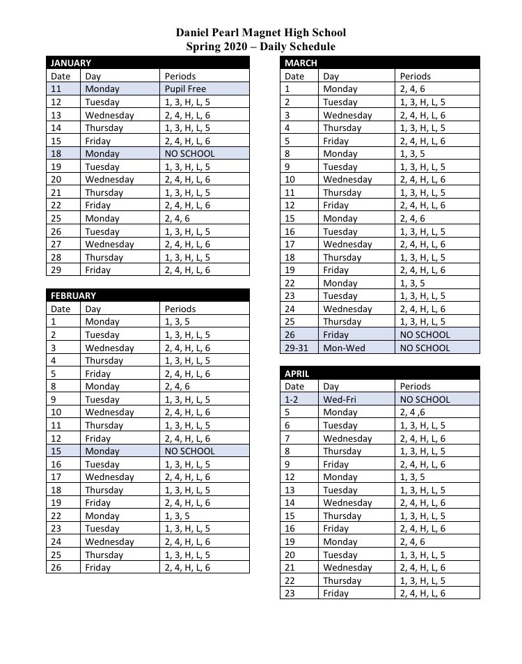 dpmhsclass2021's tweet photo. Here is the online schedule for the spring semester! UPDATED🌷

Things to keep in mind:
- All TUESDAYS and THURSDAYS will be Periods 1, 3, and 5.
- All WEDNESDAYS and FRIDAYS will be Periods 2, 4, and 6.
- Monday classes will continue to alternate.

(1/2) https://t.co/C9cJpn1CZi