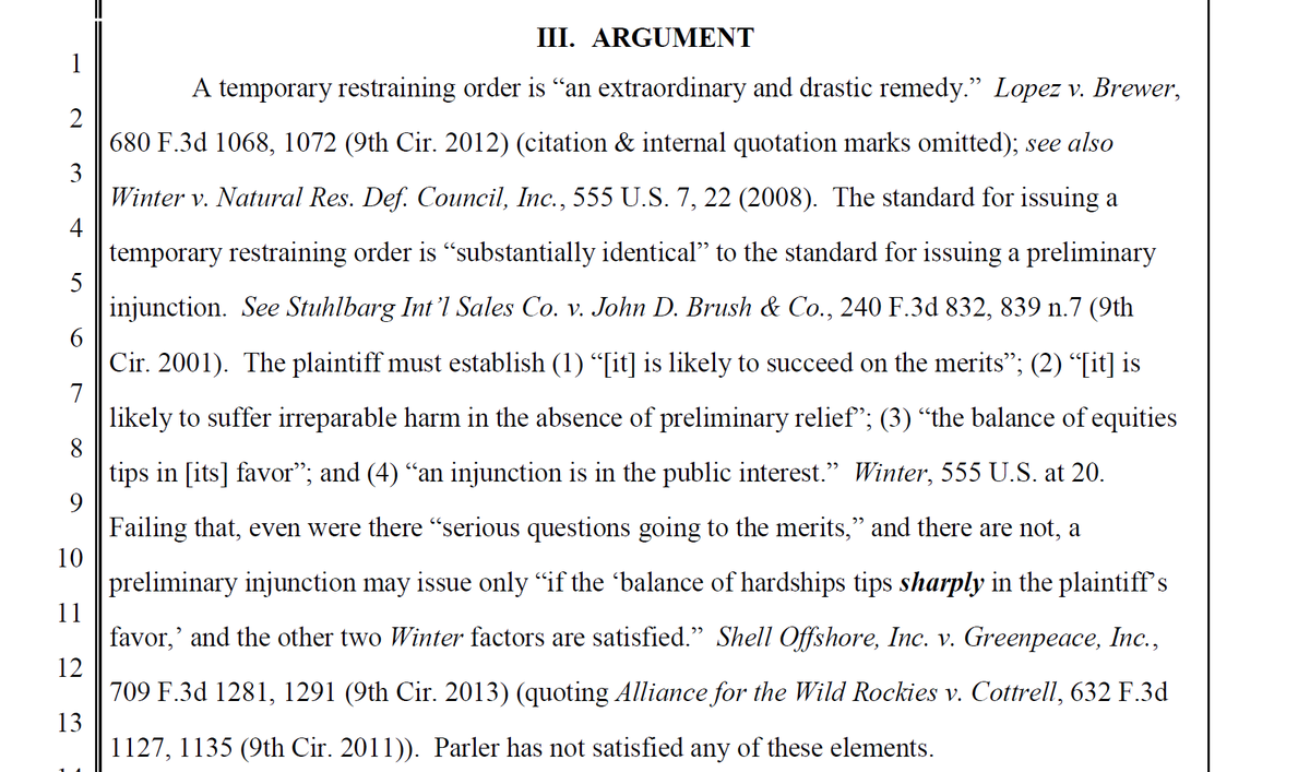 The next few pages, which have the actual legal argument, might feel gratuitous given how thoroughly Parler just got pantsed in the first two sections, but it's really necessary to go through the motions even though the outcome is very clear at this point.