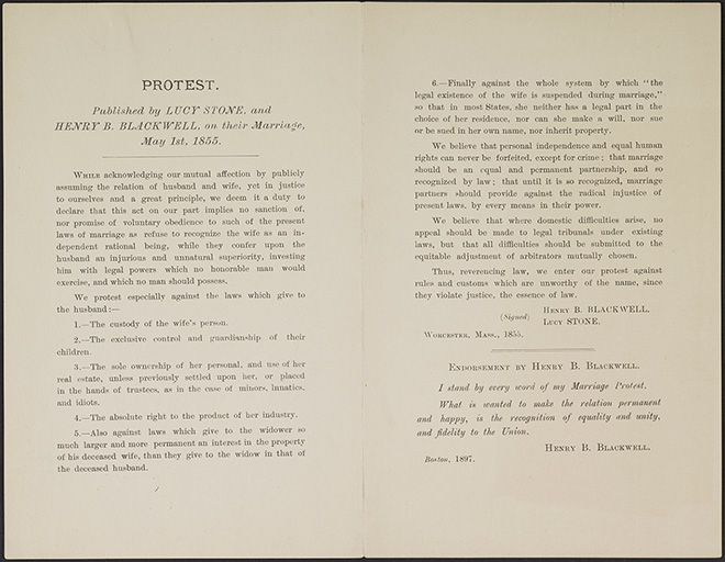 Higginson performed Henry B. Blackwell and Lucy Stone’s radical 1855 wedding ceremony. In addition to Stone keeping her own name, their vows protested coverture, and included an arbitration clause!