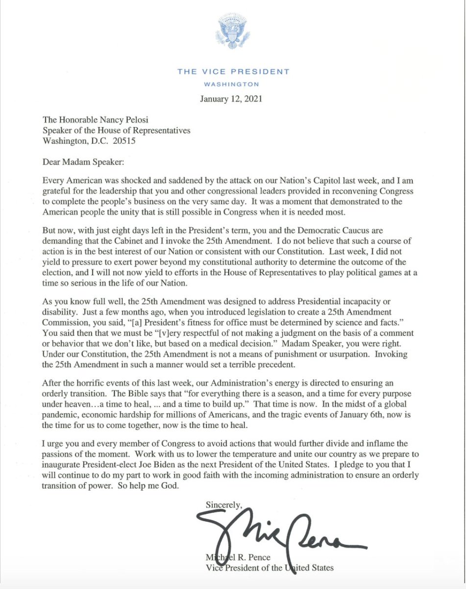 lydiaoconnor's tweet photo. Mike Pence's letter to Nancy Pelosi announcing he won't invoke the 25th Amendment to remove Trump from office. https://t.co/06XbUSy7dA