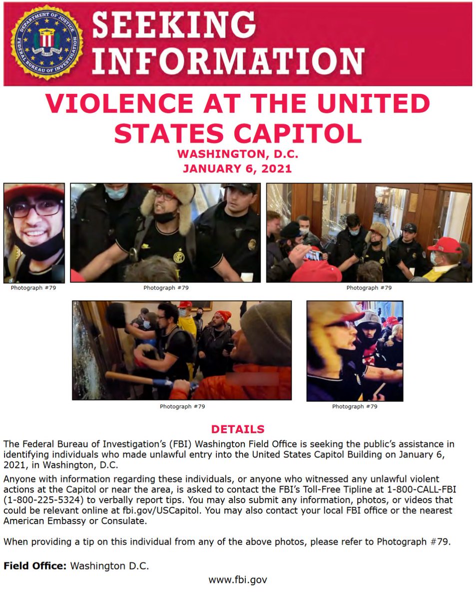 FBI Washington Field (@FBIWFO) on Twitter photo 2021-01-13 01:50:04 Do you recognize these individuals? #FBIWFO is seeking publics assistance in identifying those who made unlawful entry into US Capitol on Jan 6. If you have info, report it to the #FBI at 1-800-CALL-FBI or submit photos/videos at fbi.gov/USCapitol. fbi.gov/wanted/seeking… Do you recognize these individuals? #FBIWFO is seeking publics assistance in identifying those who made unlawful entry into US Capitol on Jan 6. If you have info, report it to the #FBI at 1-800-CALL-FBI or submit photos/videos at fbi.gov/USCapitol. fbi.gov/wanted/seeking…