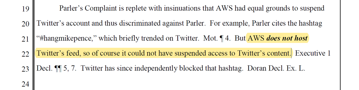 Oh - and as far as the thing with that Twitter hashtag goes? The one where Parler was all "but they did it too, mommy"? Yeah, AWS doesn't host the feed. And that was like their whole antitrust argument.Clown-duckfucking-shoes.