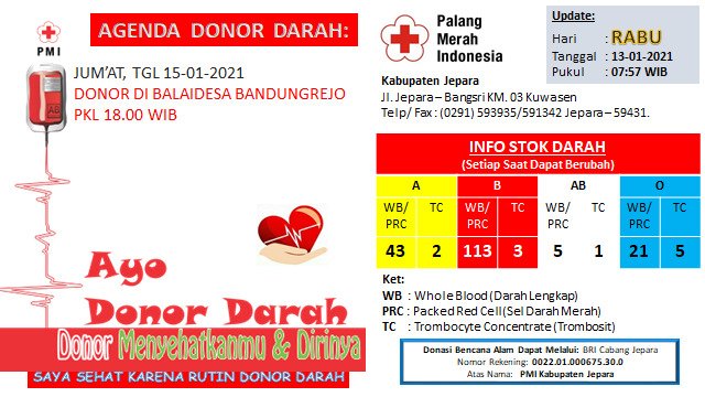 PMIKabJepara's tweet photo. Jepara 13/01, Palang Merah Indonesia (PMI) Kabupaten Jepara menginformasikan  Giat UTD PMI Kabupaten Jepara pada hari Rabu stok darah dan jadwal donor darah di Wilayah Jepara.
@palangmerah 
@PMIJateng 
 ⁦@jeparakabgoid
⁩ ⁦@diskominfojpr
⁩#AyoDonorDarah
#PMISiapBantu https://t.co/DWaiCqZSII