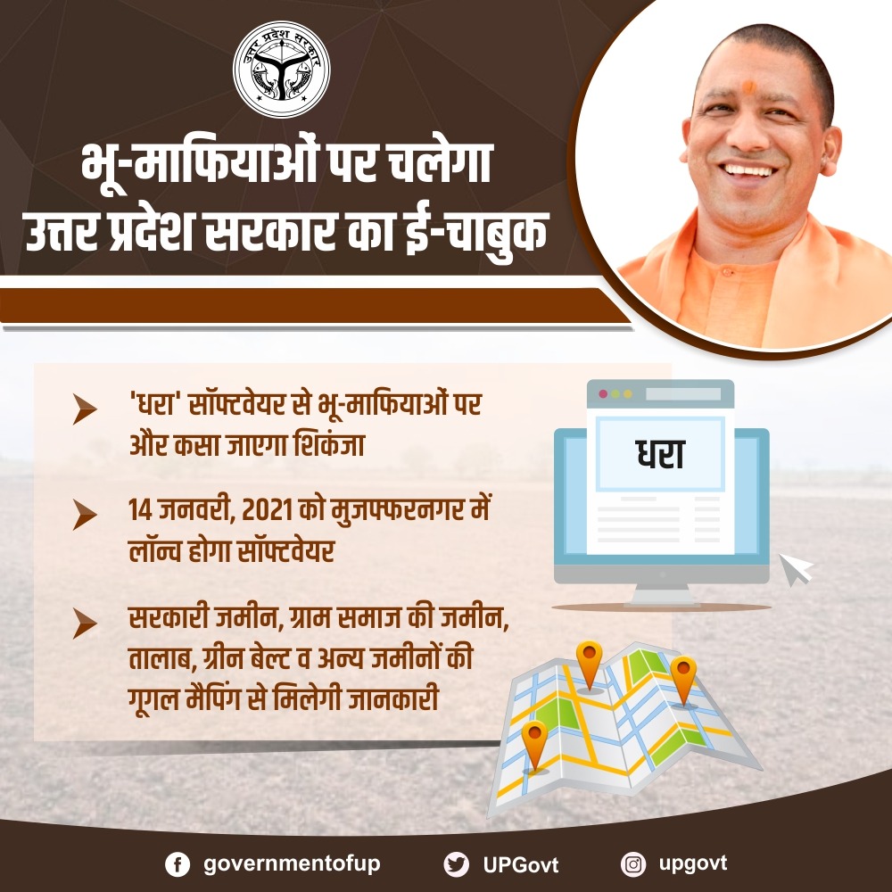 भू-माफियाओं पर और सख्ती करने के लिए उत्तर प्रदेश सरकार लॉन्च करेगी 'धरा' सॉफ्टवेयर

#काम_दमदार_योगी_सरकार