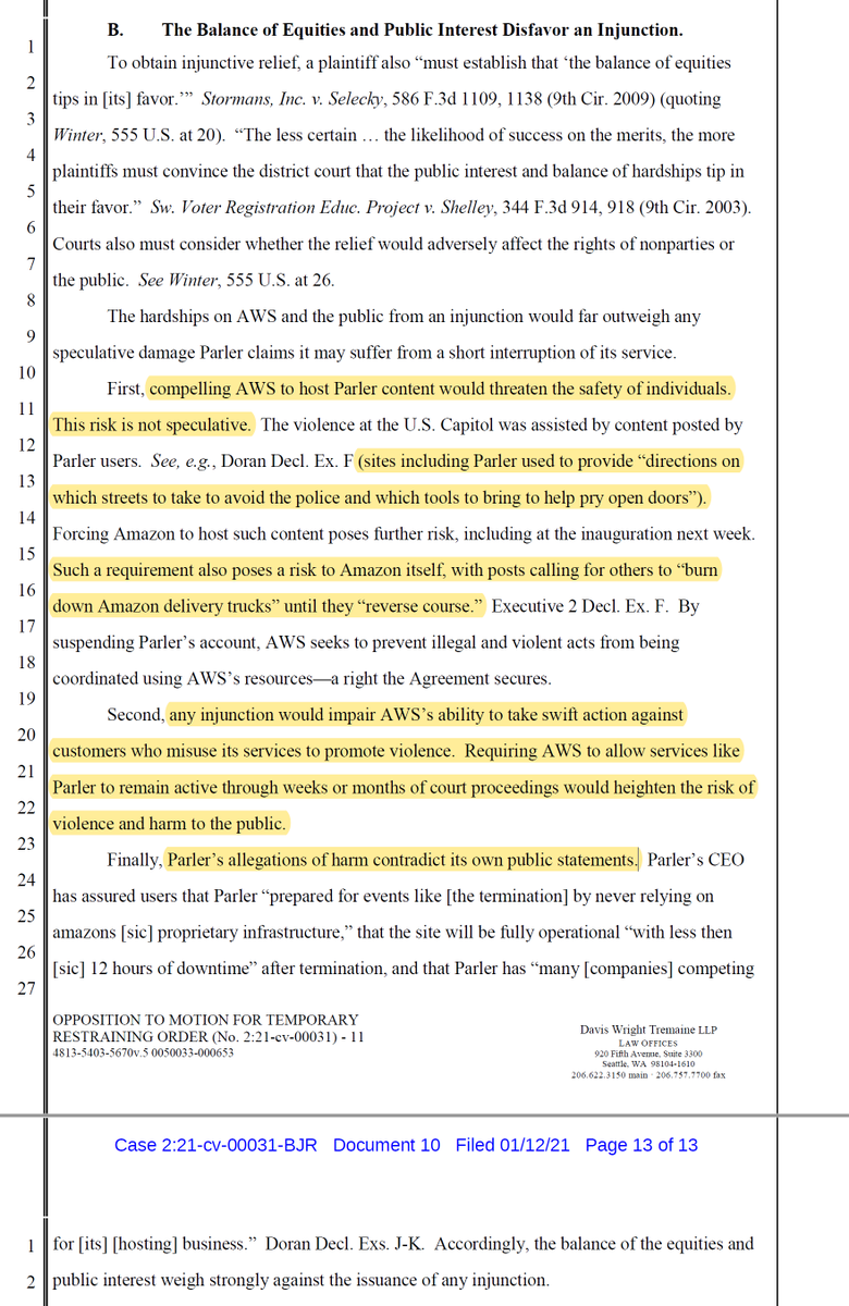 The balance of the equities and the public interest elements for an injunction get combined into a very effective public policy argument for not making Amazon take Parler back.